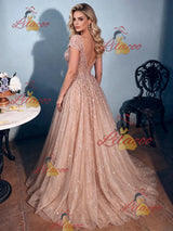 Champagne V-neck Cap Sleeve Prom Dress