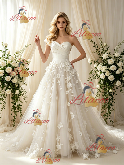 Beige White Tulle Strapless Flower Wedding Dress