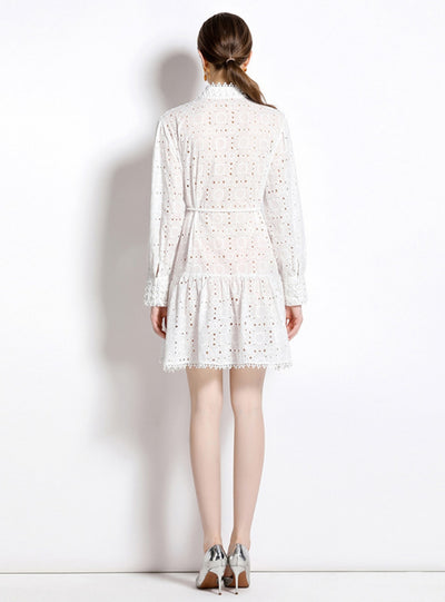 Hollow Cotton Lace-up Long Sleeve Dress