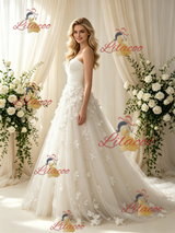 Beige White Tulle Strapless Flower Wedding Dress