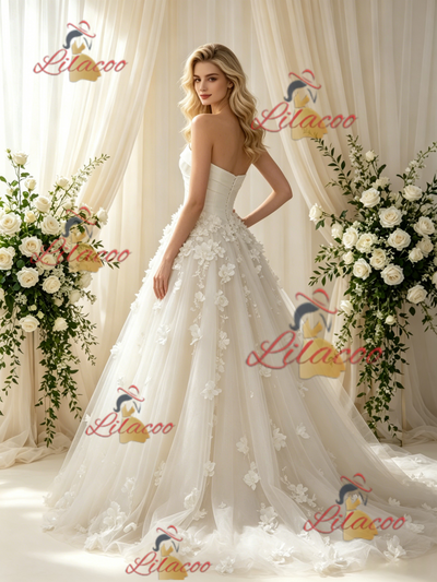 Beige White Tulle Strapless Flower Wedding Dress