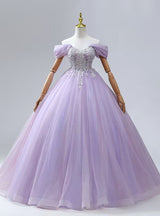 Lavender Tulle Off the Shoulder Sequins Beading Prom Dress