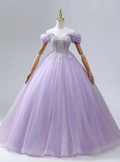 Lavender Tulle Off the Shoulder Sequins Beading Prom Dress
