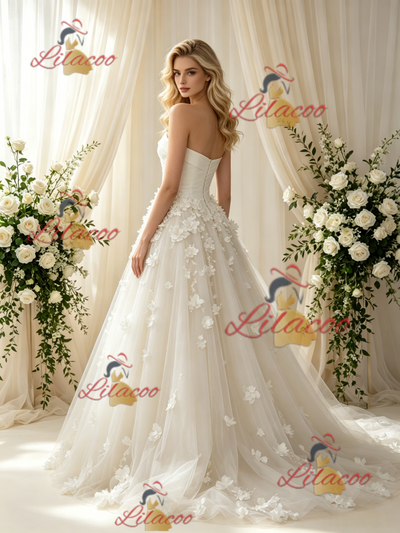 Beige White Tulle Strapless Flower Wedding Dress