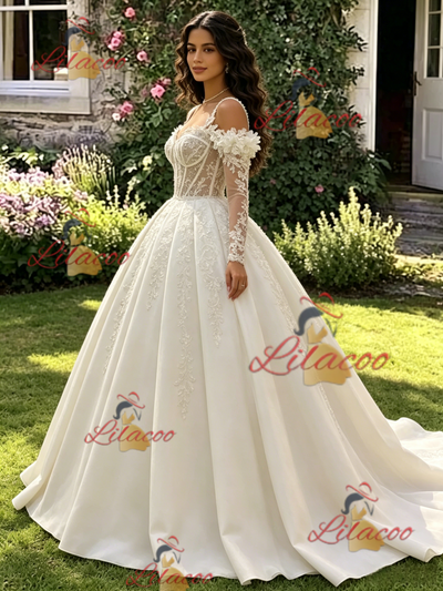 Ivory Long Sleeve Straps Appliques Quinceanera Dress