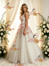 Beige White Tulle Lace One Shoulder Appliques Wedding Dress