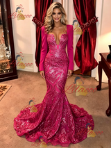 Fuchsia Mermaid Sequins Long Sleeve Prom Dress