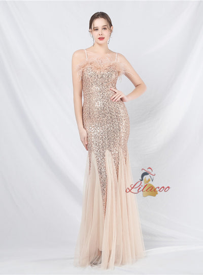 Tulle Sequins Spaghetti Straps Prom Dress