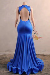 Sexy Royal Blue Mermaid Backless Beading Prom Dress
