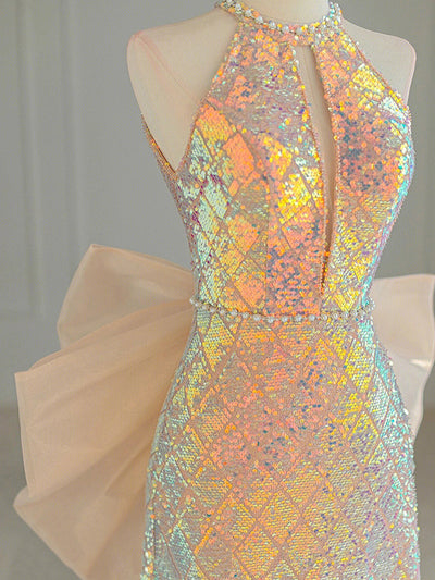 Gold Sequins Beading Backless Prom Dress