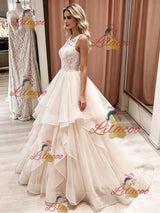 Champagne Tulle Lace Sleeveless Wedding Dress