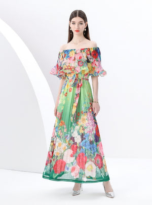 Off the Shoulder Pleated Printed Long Dress