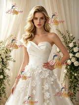 Beige White Tulle Strapless Flower Wedding Dress
