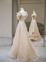 Champagne Sequins Off the Shoulder Bow Prom Dress