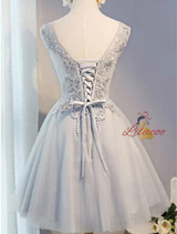 Gray V-neck Tulle Appliques Homecoming Dress