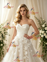 Beige White Tulle Strapless Flower Wedding Dress