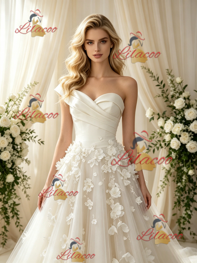Beige White Tulle Strapless Flower Wedding Dress