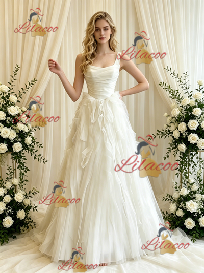 Beige White Tulle Straps Wedding Dress
