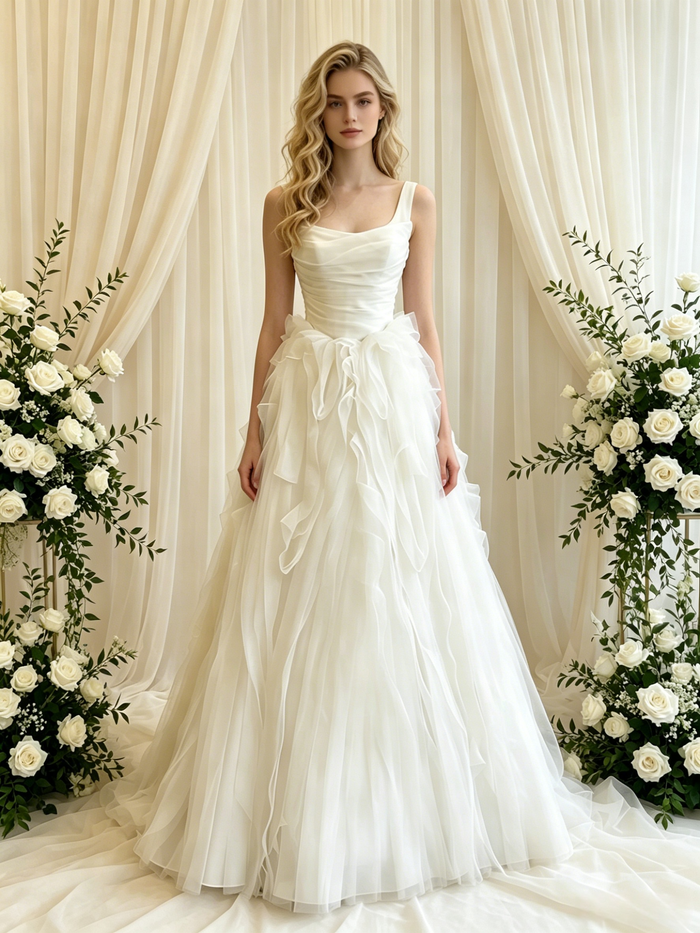 Beige White Tulle Straps Wedding Dress