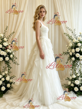 Beige White Tulle Straps Wedding Dress