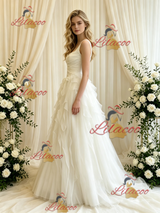 Beige White Tulle Straps Wedding Dress