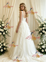 Beige White Tulle Straps Wedding Dress