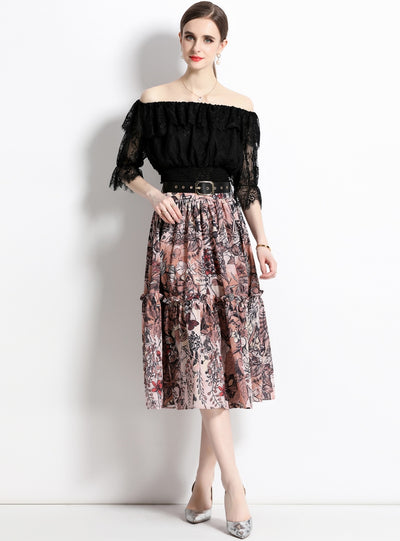 Lace Blouse Printed Skirt Two-piece Suit