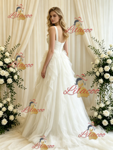 Beige White Tulle Straps Wedding Dress