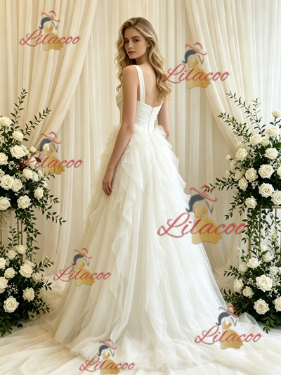 Beige White Tulle Straps Wedding Dress