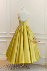 Yellow Satin Spaghetti Straps Bow Prom Dress