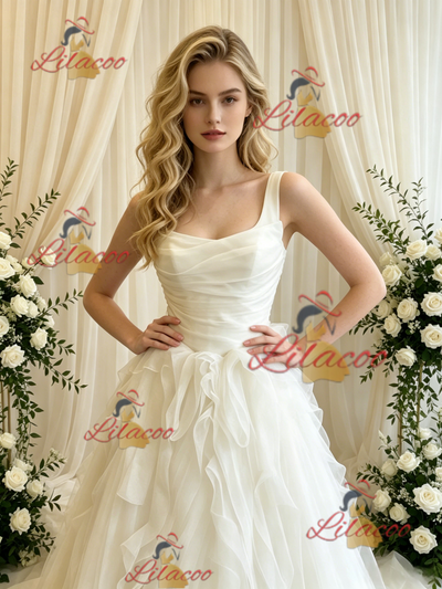 Beige White Tulle Straps Wedding Dress