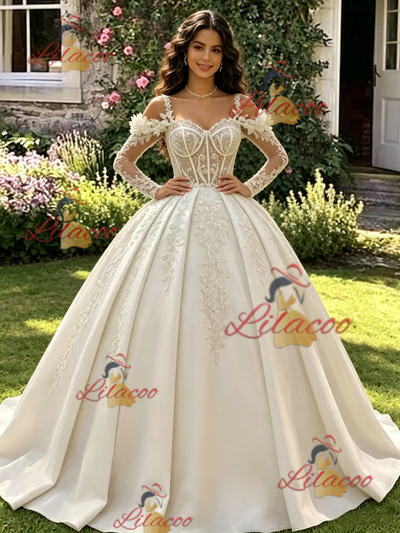 Ivory Long Sleeve Straps Appliques Quinceanera Dress