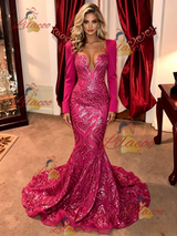 Fuchsia Mermaid Sequins Long Sleeve Prom Dress