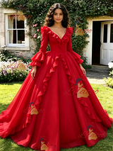 Red V-neck Long Sleeve Quinceanera Dress