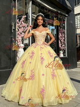 Yellow Tulle Off the Shoulder Appliques Quinceanera Dress