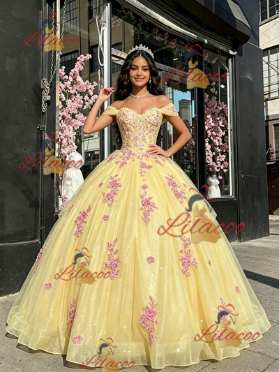 Yellow Tulle Off the Shoulder Appliques Quinceanera Dress