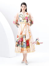 V-neck Lantern Sleeve Long Retro Print Dress