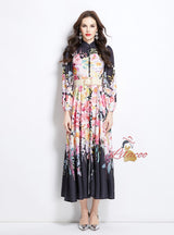 Printed Long Stand-up Silm Waist Slim Dress