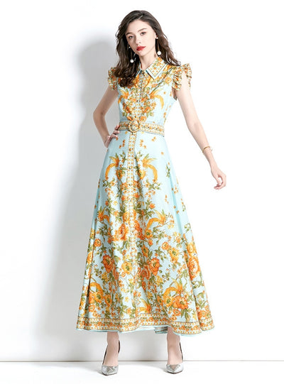 Retro Palace Lotus Leaf Sleeve Printed Dress