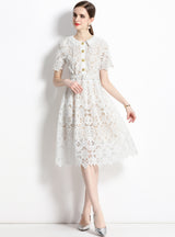 White Retro Lapel Lace Openwork Dress