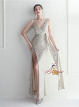 V-neck Sequins Beading Split Prom Dress