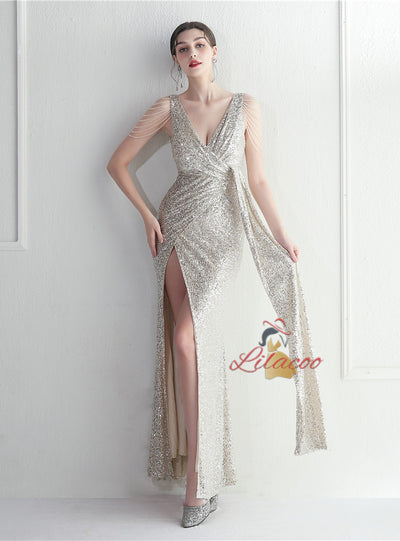 V-neck Sequins Beading Split Prom Dress