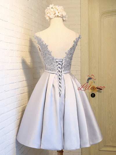 Silver Gray Satin Lace Homecoming Dress