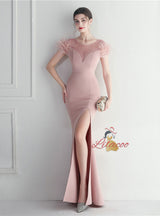 Blue Scoop Neck Split Feather Prom Dress