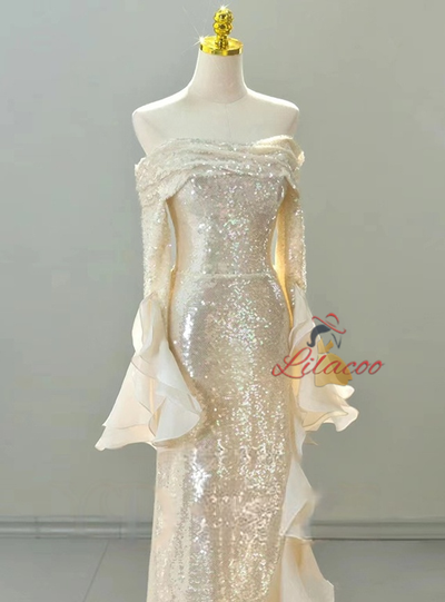 Gold Mermaid Sequins Pleats Long Sleeve Prom Dress