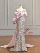 Pink Sequins Straps Bow Pleats Prom Dress