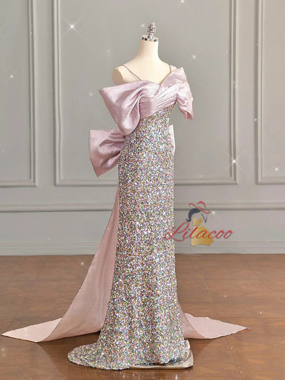 Pink Sequins Straps Bow Pleats Prom Dress