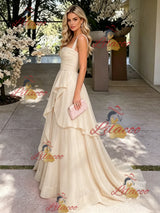 Champagne Tulle Straps Pleats Prom Dress