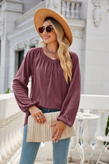 Solid Color Long Sleeve V neck Pleated T-shirt