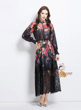 Printed Lantern Sleeve Printed Shirt+Lace Skirt Two-piece Suit